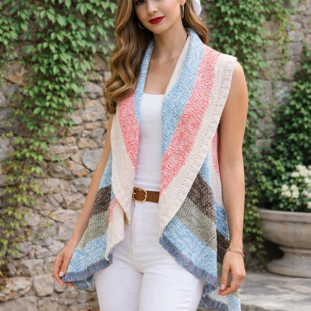 CABI Multicolor Sleeveless Striped Pastel Cocoon Wrap Sweater Vest, S